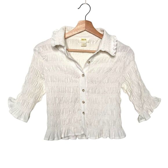 MAEVE Anthropologie Smocked Button Front Top XS Ivory Natural Cottagecore Chic - Picture 6 of 16